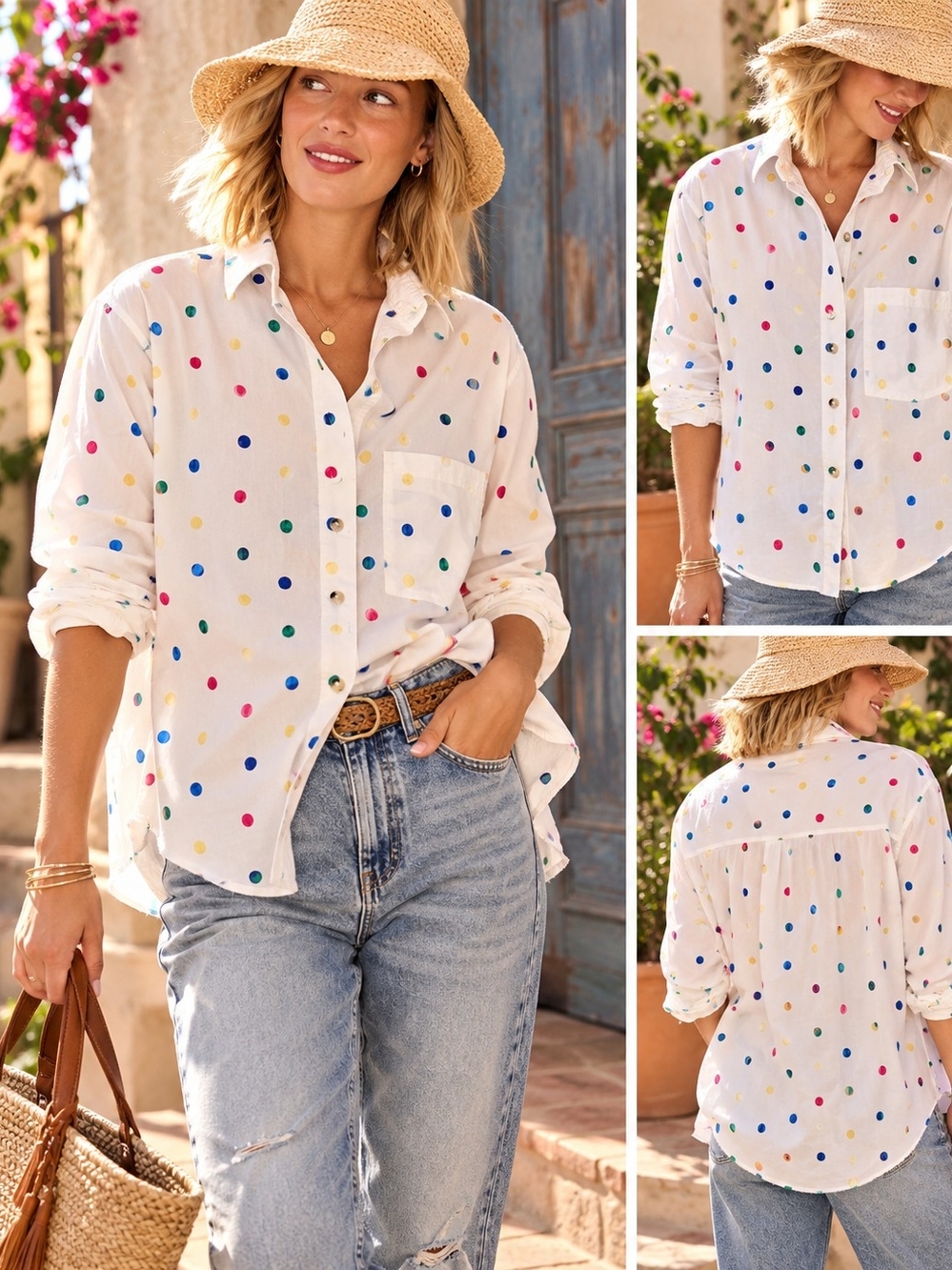 Women’s Multicolor Polka Dot Button-Up Shirt - White